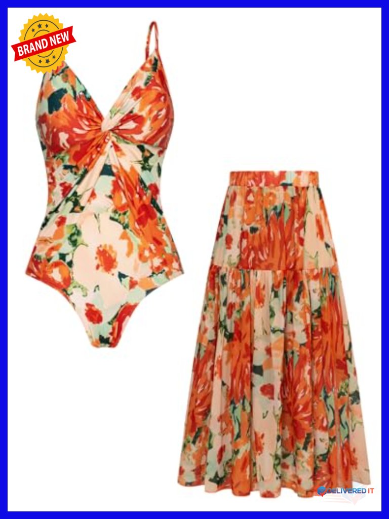 One Piece Swimsuit With Cover Up Skirt V Neck Tummy Control Adjustable Straps